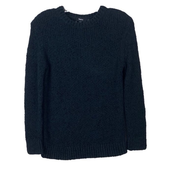 Theory Black Shrunken Fit Crewneck Sweater Feathered Cotton Linen - Picture 1 of 8